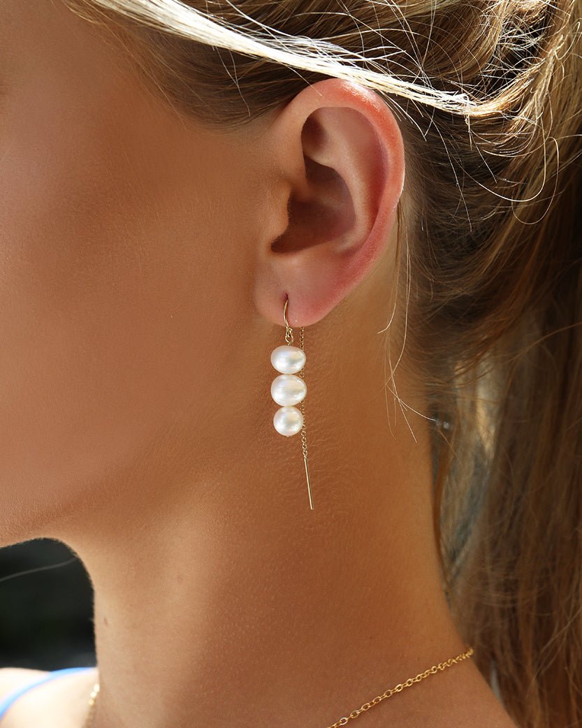TRIPLE FRESHWATER PEARL STACK U-THREADER EARRINGS - The Littl - 14k Yellow Gold Fill -