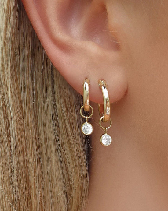 Load image into Gallery viewer, WHITE CZ THICK HOOP EARRINGS- 14k Gold - The Littl - 14k Yellow Gold Fill - 12mm
