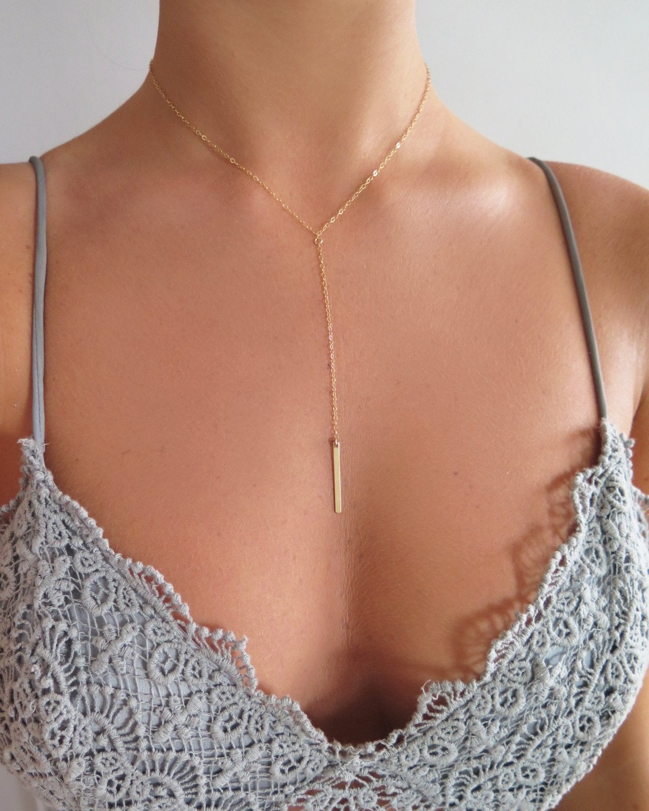 BAR DROP NECKLACE- 14k Yellow Gold - The Littl - Classic Chain - 39cm