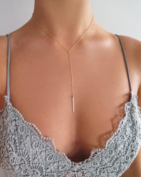 BAR DROP NECKLACE- 14k Yellow Gold - The Littl - Classic Chain - 39cm
