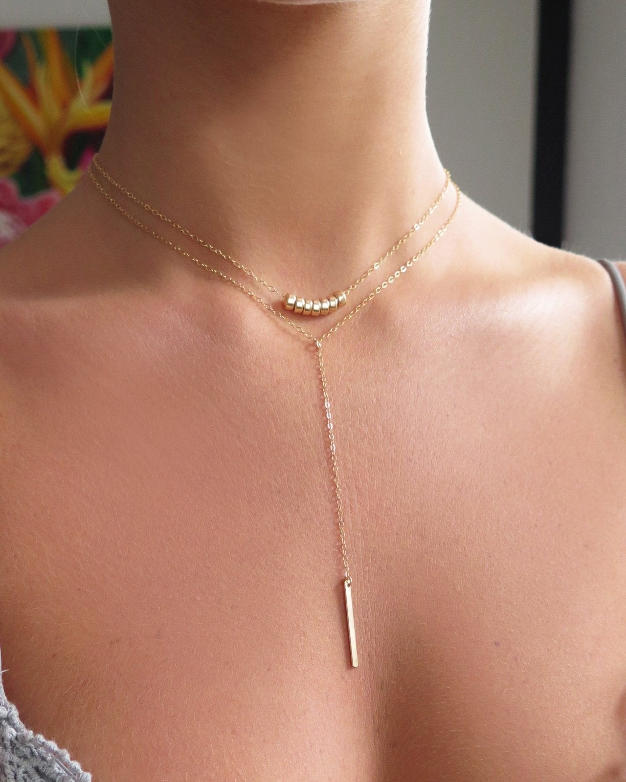 BAR DROP NECKLACE- 14k Yellow Gold - The Littl - Classic Chain - 39cm