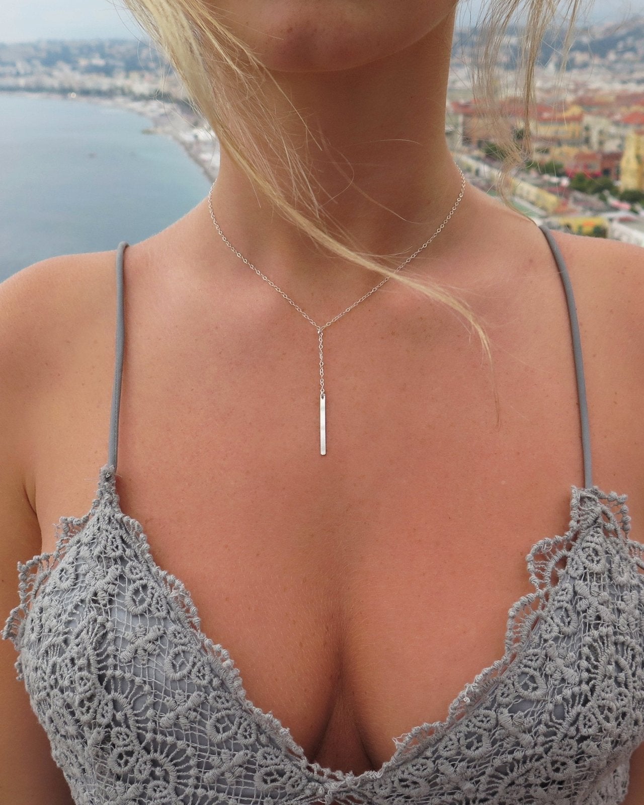 BAR DROP NECKLACE- Sterling Silver - The Littl - Classic Chain - 39cm