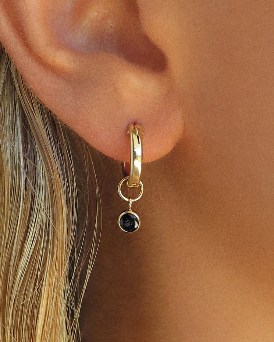 BLACK CZ THICK HOOP EARRINGS- 14k Yellow Gold - The Littl - 12mm -