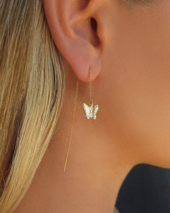Load image into Gallery viewer, BUTTERFLY THREADER EARRINGS - The Littl - 14k Yellow Gold Fill - Earrings
