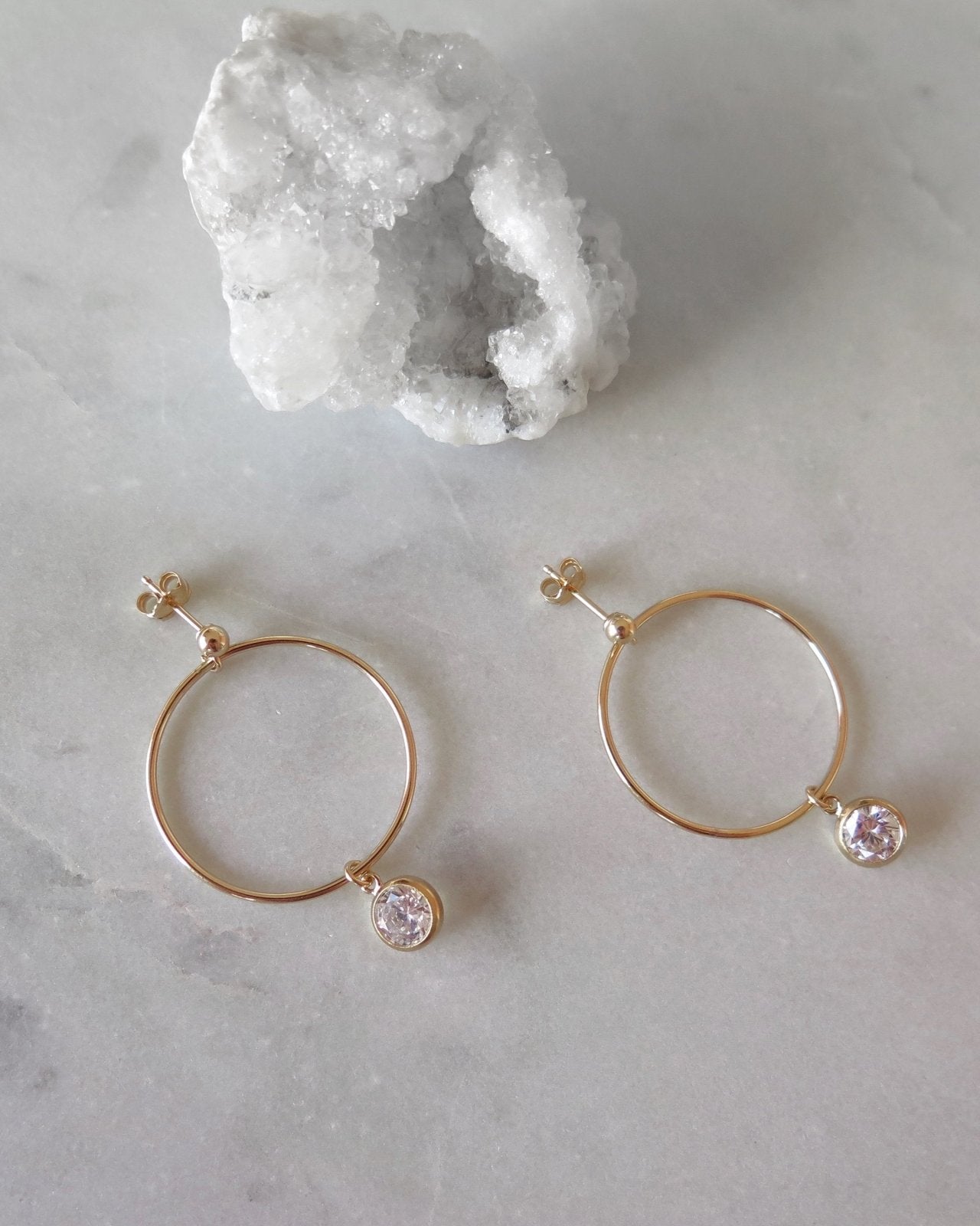 Load image into Gallery viewer, CIRCLE CZ DROP EARRINGS- 14k Yellow Gold - The Littl - 14k Yellow Gold Fill - Clear

