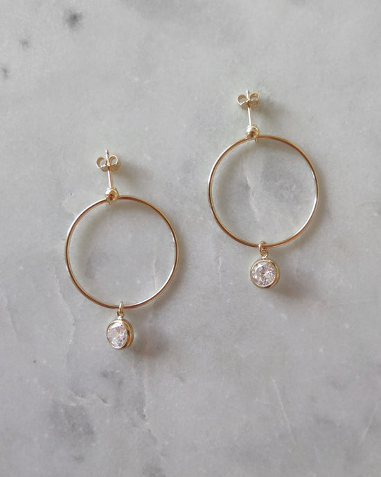 Load image into Gallery viewer, CIRCLE CZ DROP EARRINGS- 14k Yellow Gold - The Littl - 14k Yellow Gold Fill - Clear
