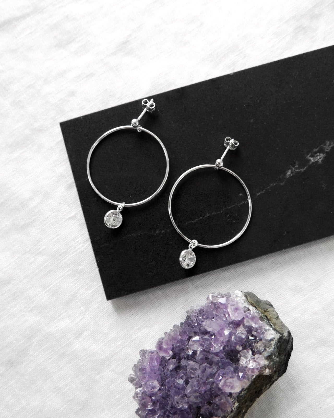 Load image into Gallery viewer, CIRCLE CZ DROP EARRINGS- Sterling Silver - The Littl - -
