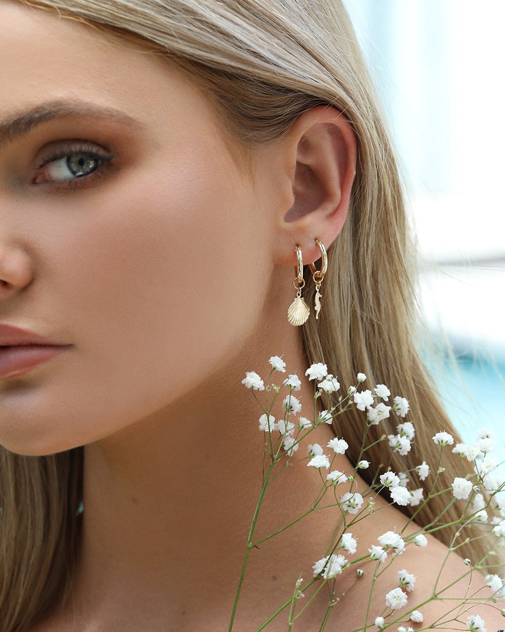 CLAM SHELL AND SEAHORSE HOOP EARRINGS SET (10% off)- 14k Yellow Gold - The Littl - 12mm (both pairs) - Set