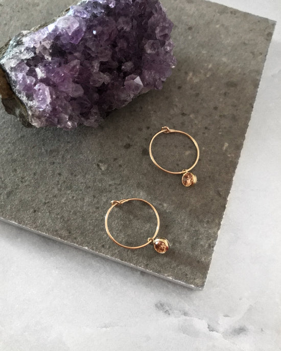 Load image into Gallery viewer, COGNAC CZ HOOP EARRINGS- 14k Yellow Gold - The Littl - -
