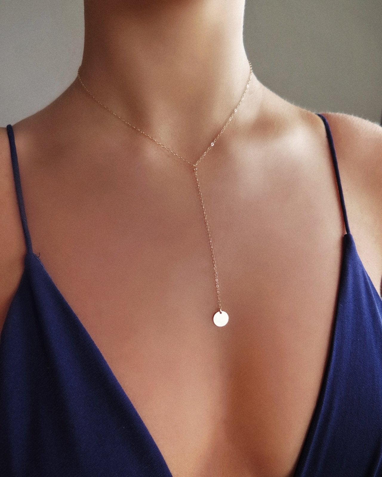 COIN DROP NECKLACE- 14k Yellow Gold - The Littl - Classic Chain - No