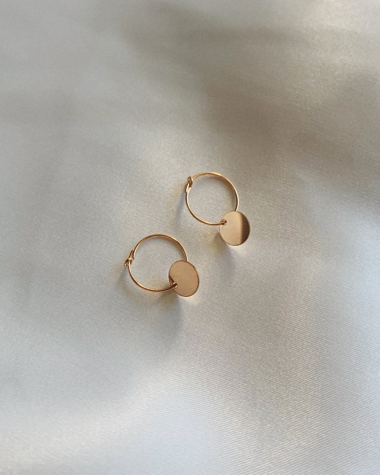 Load image into Gallery viewer, COIN HOOP EARRINGS - The Littl - 14k Yellow Gold Fill -
