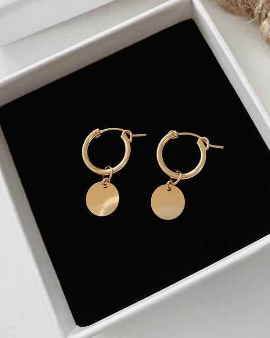 Load image into Gallery viewer, COIN THICK HOOP EARRINGS - The Littl - 14k Yellow Gold Fill - 12mm

