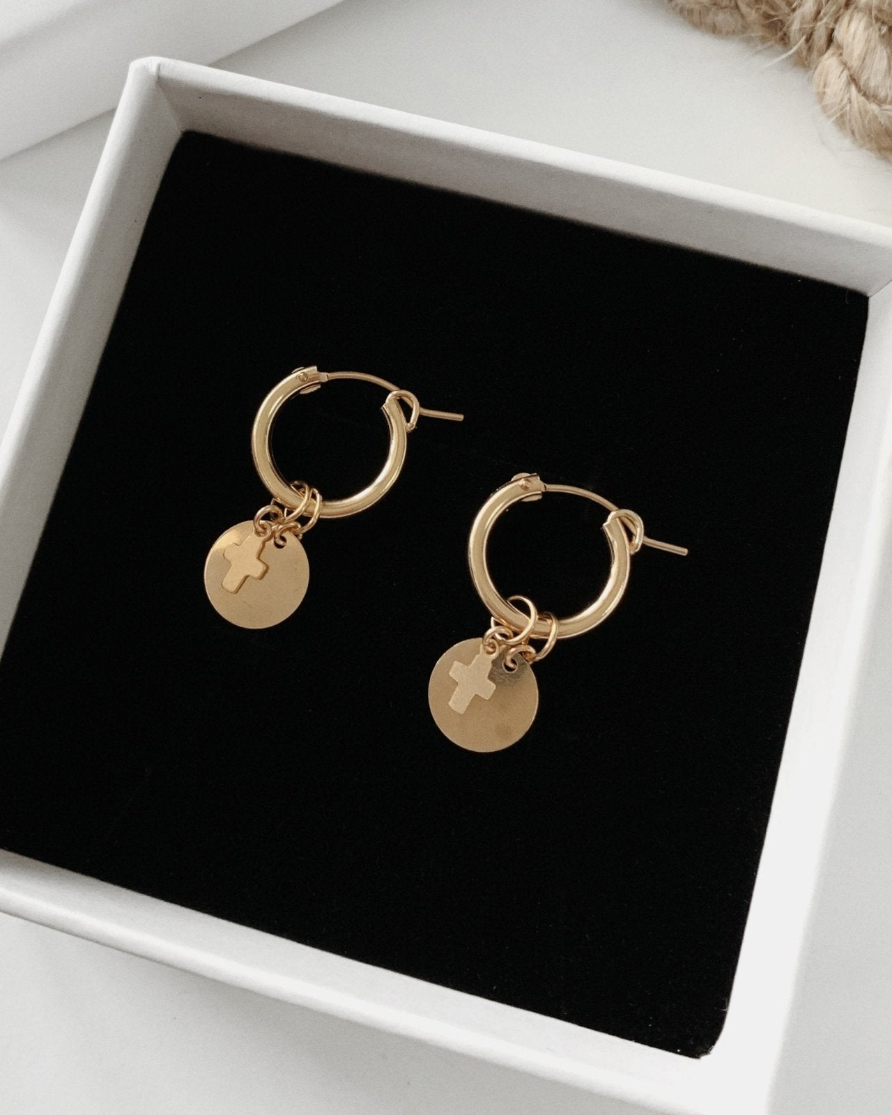 CROSS COIN THICK HOOP EARRINGS- 14k Yellow Gold - The Littl - 12mm -