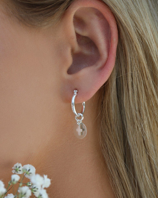 CROSS COIN THICK HOOP EARRINGS- Sterling Silver - The Littl - 12mm -
