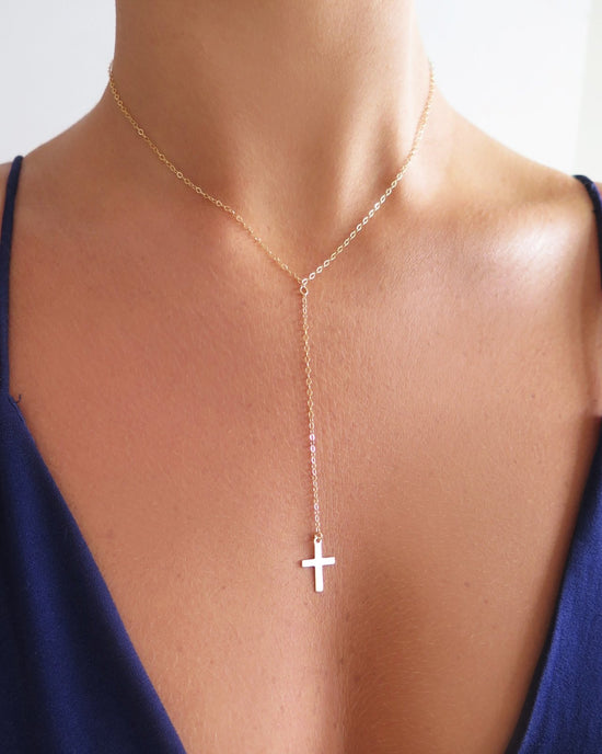 CROSS DROP NECKLACE- 14k Yellow Gold - The Littl - Classic Chain - 39cm