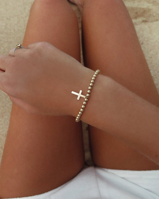 CROSS LARGE BEADED BRACELET- 14k Yellow Gold - The Littl - 16cm -