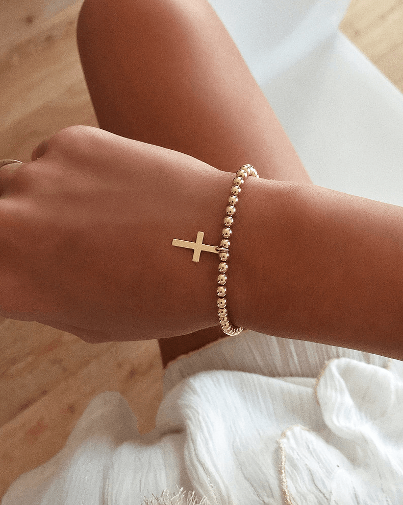 CROSS LARGE BEADED BRACELET- 14k Yellow Gold - The Littl - 16cm -