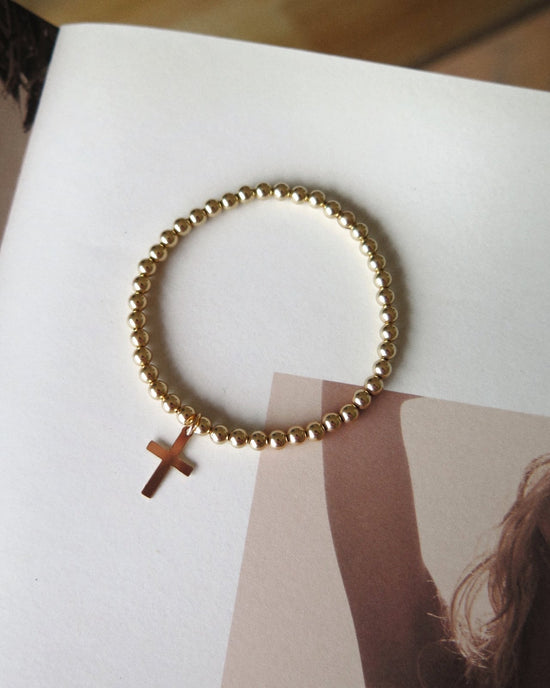 CROSS LARGE BEADED BRACELET- 14k Yellow Gold - The Littl - 16cm -