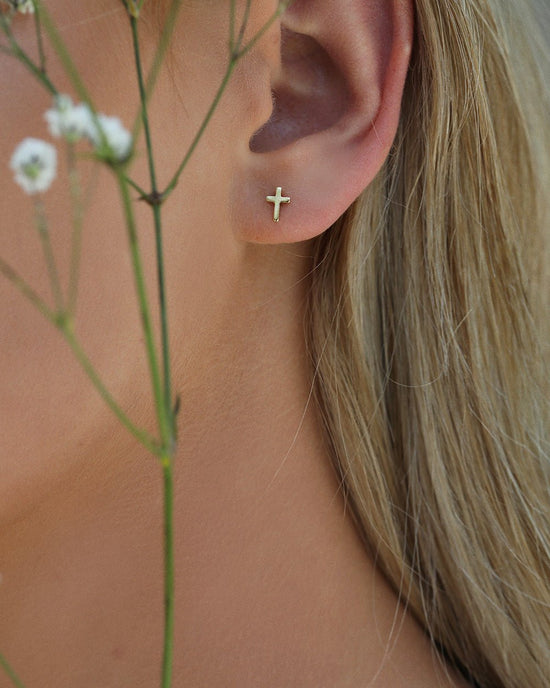 CROSS STUD EARRINGS- 14k Yellow Gold - The Littl - -