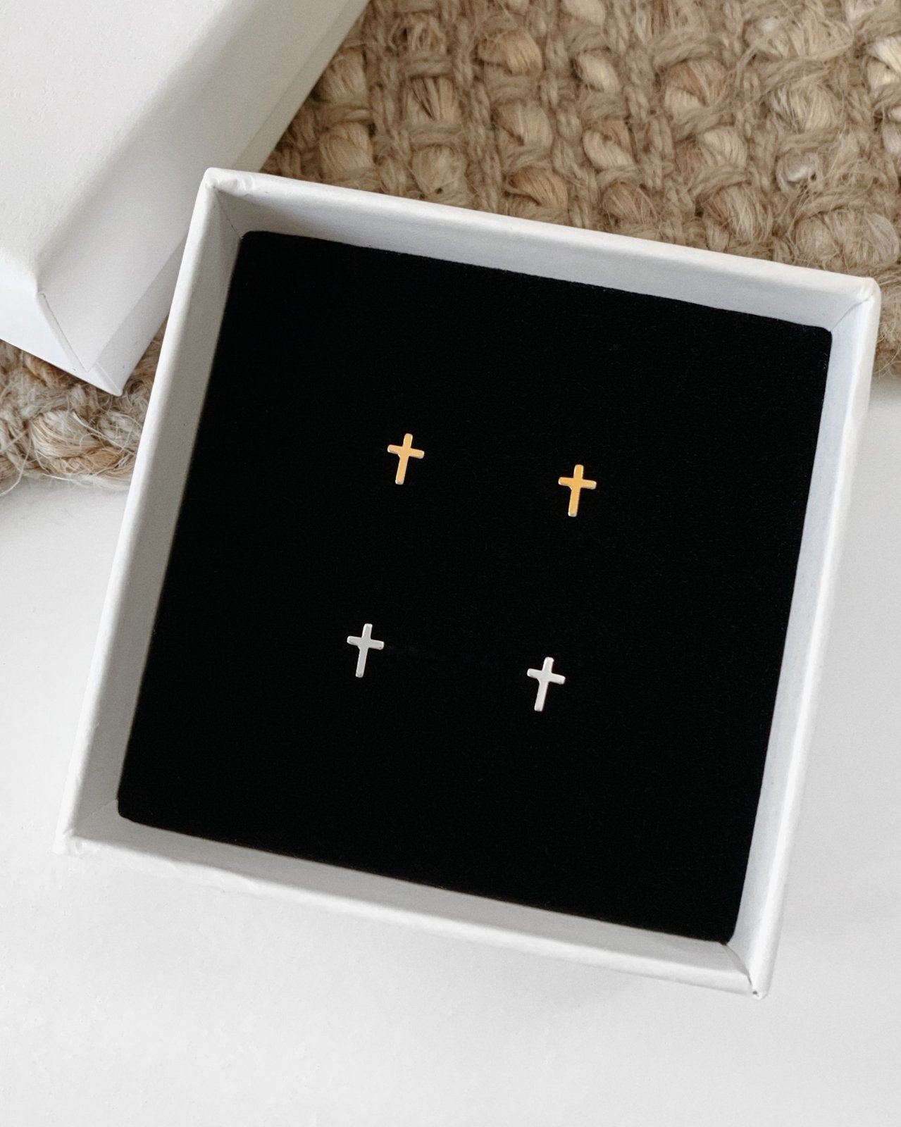 Load image into Gallery viewer, CROSS STUD EARRINGS- 14k Yellow Gold - The Littl - -
