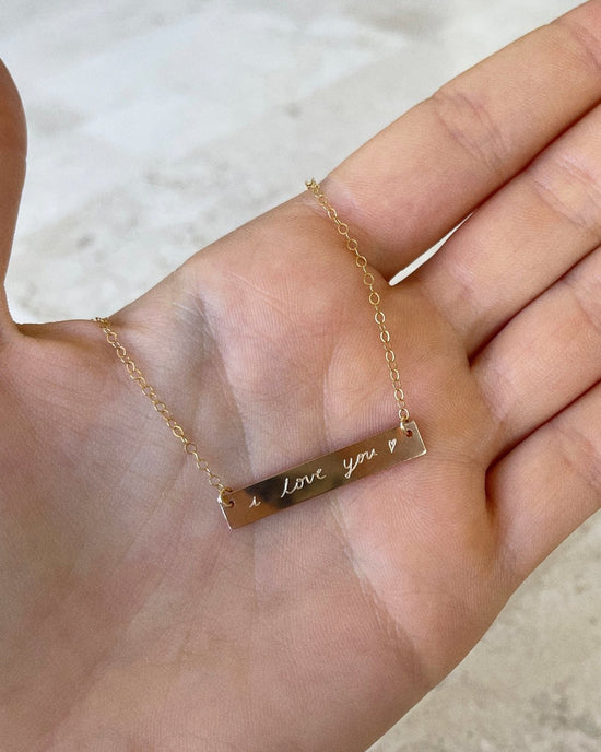 Load image into Gallery viewer, CUSTOM HAND-WRITTEN BAR NECKLACE- 14k Gold - The Littl - Classic Chain - Custom hand-writing on front only

