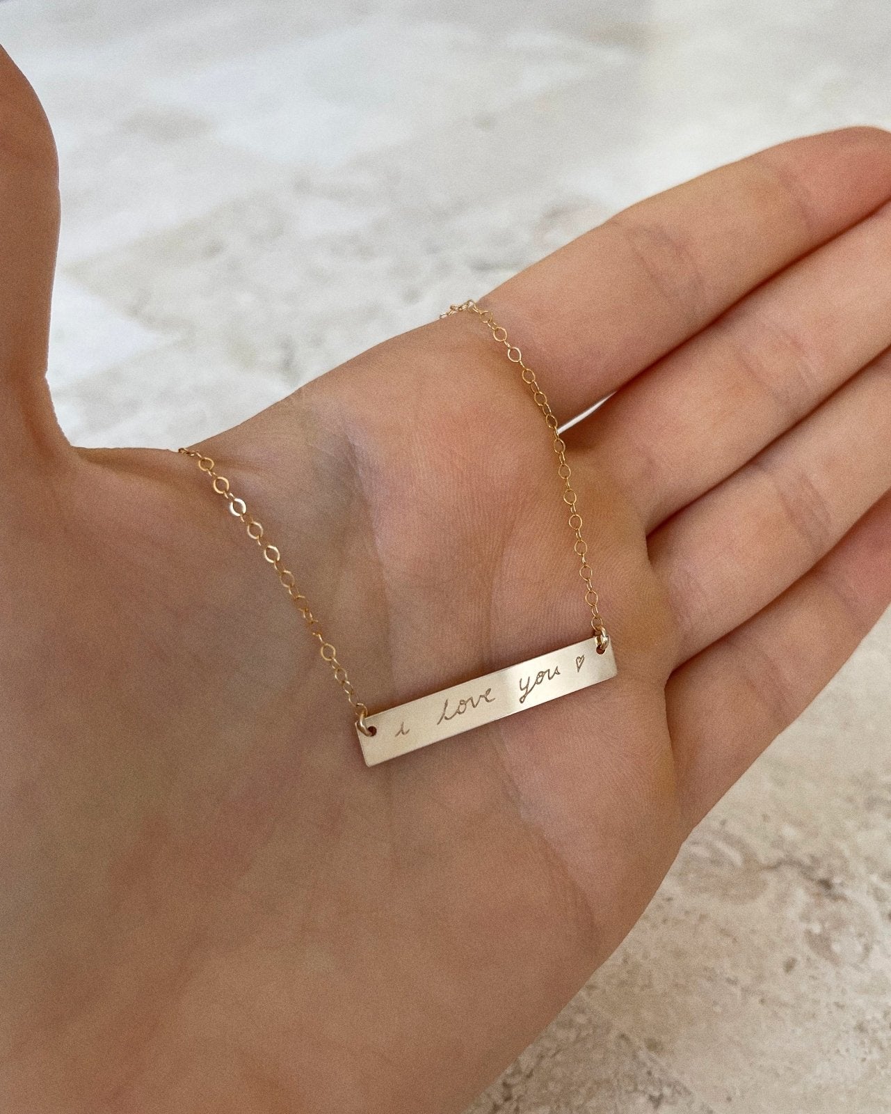 CUSTOM HAND-WRITTEN BAR NECKLACE- 14k Gold - The Littl - Classic Chain - Custom hand-writing on front only