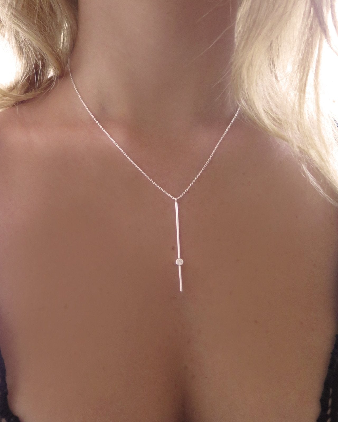 CZ BAR NECKLACE- Sterling Silver - The Littl - -