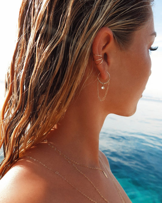 CZ CHAIN HOOP EARRINGS- 14k Yellow Gold - The Littl - Clear -