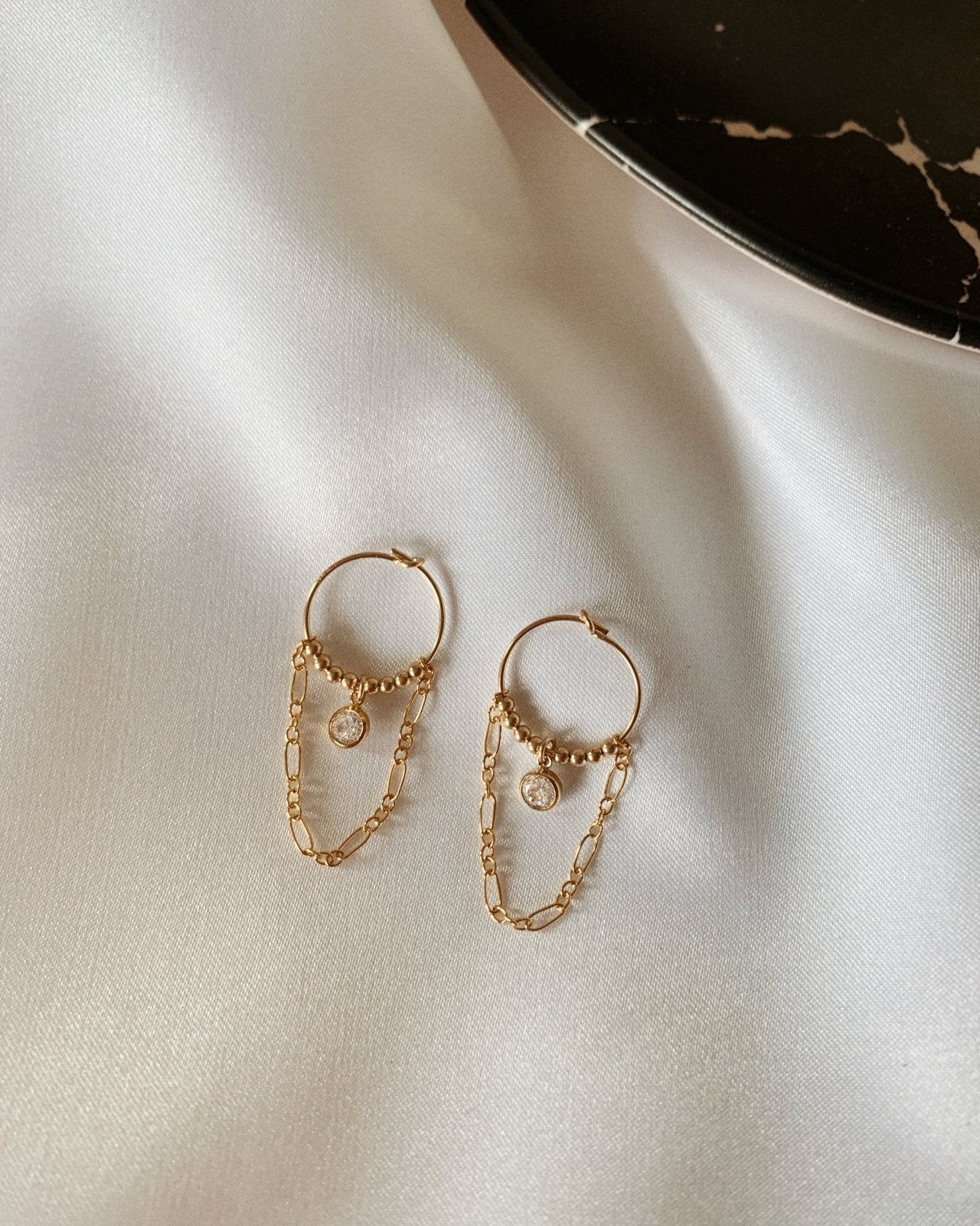 CZ CHAIN HOOP EARRINGS- 14k Yellow Gold - The Littl - Clear -