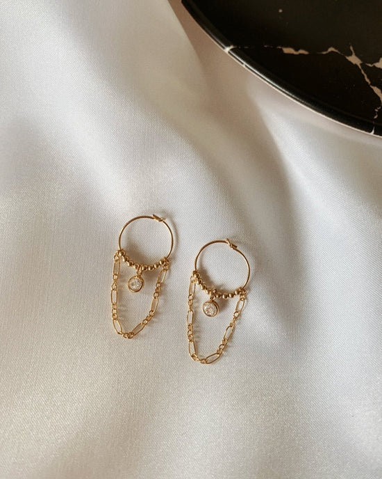 CZ CHAIN HOOP EARRINGS- 14k Yellow Gold - The Littl - Clear -