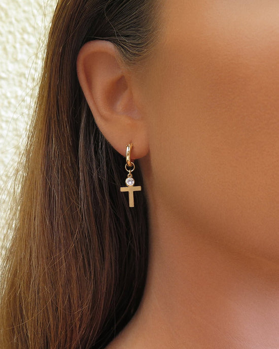 CZ CROSS THICK HOOP EARRINGS - The Littl - 14k Yellow Gold Fill - Clear Earrings