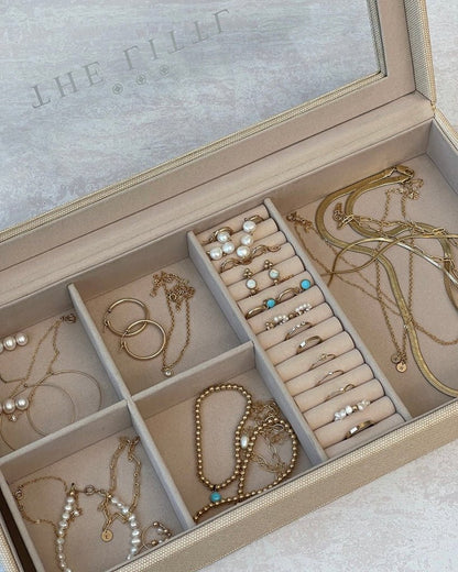Deluxe Jewellery Box open, filled with gold chains, hoops and pearl pieces | The Littl