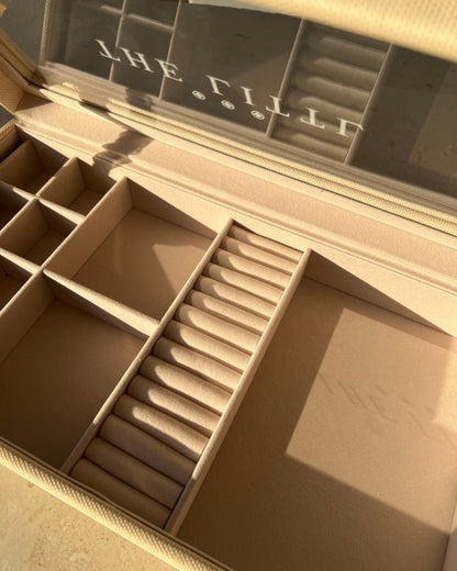 Inside the empty Deluxe Jewellery Box: stud grid, padded ring roll and open sections | The Littl