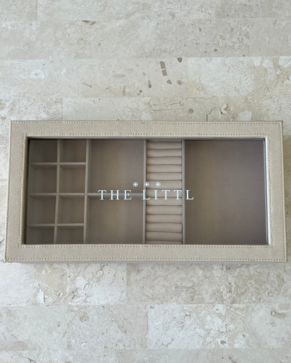 Deluxe Jewellery Box from above, cream woven finish with clear acrylic lid | The Littl