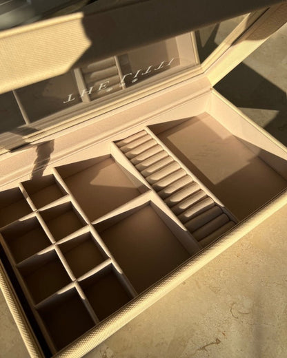 Empty Deluxe Jewellery Box open in sunlight, showing all of its compartments | The Littl