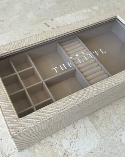 Deluxe Jewellery Box closed, stud compartments and ring roll visible through the lid | The Littl