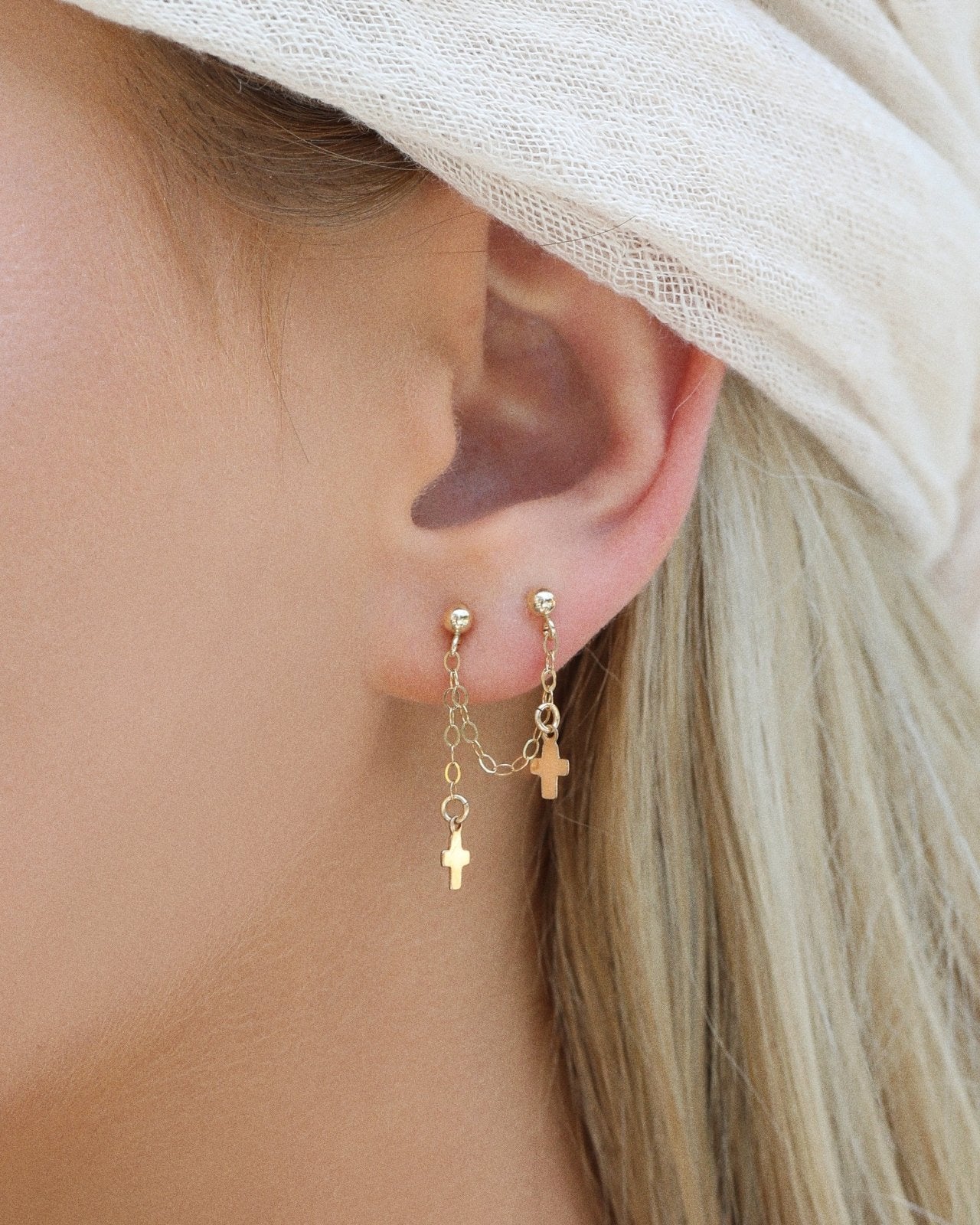 DOUBLE PIERCING CROSS EARRINGS- 14k Yellow Gold - The Littl - 1cm & 2cm -