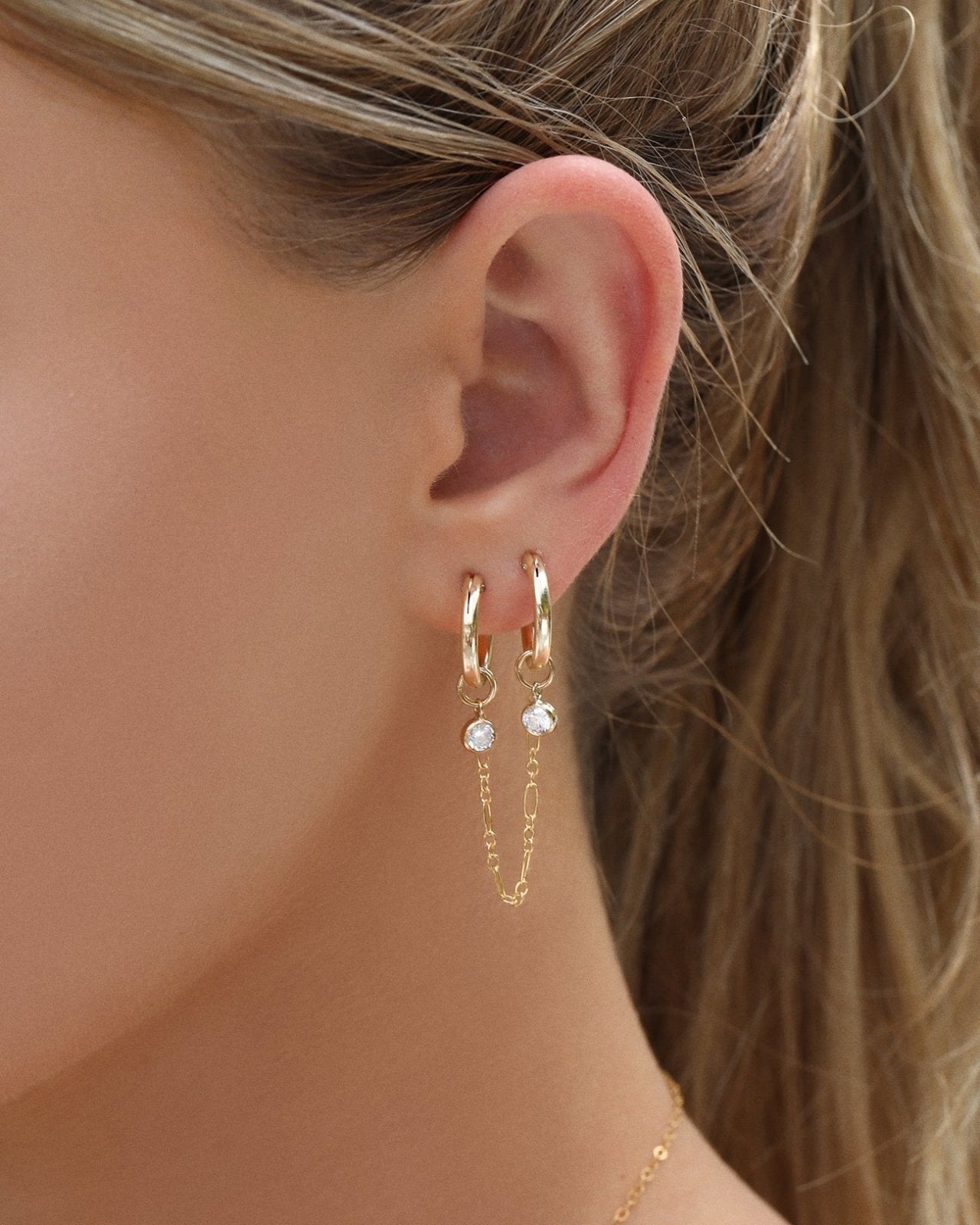 DOUBLE PIERCING CZ HOOP EARRINGS- 14k Yellow Gold - The Littl - Clear -