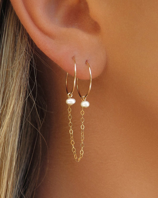 DOUBLE PIERCING FRESHWATER PEARL HOOP EARRINGS 14k Yellow Gold