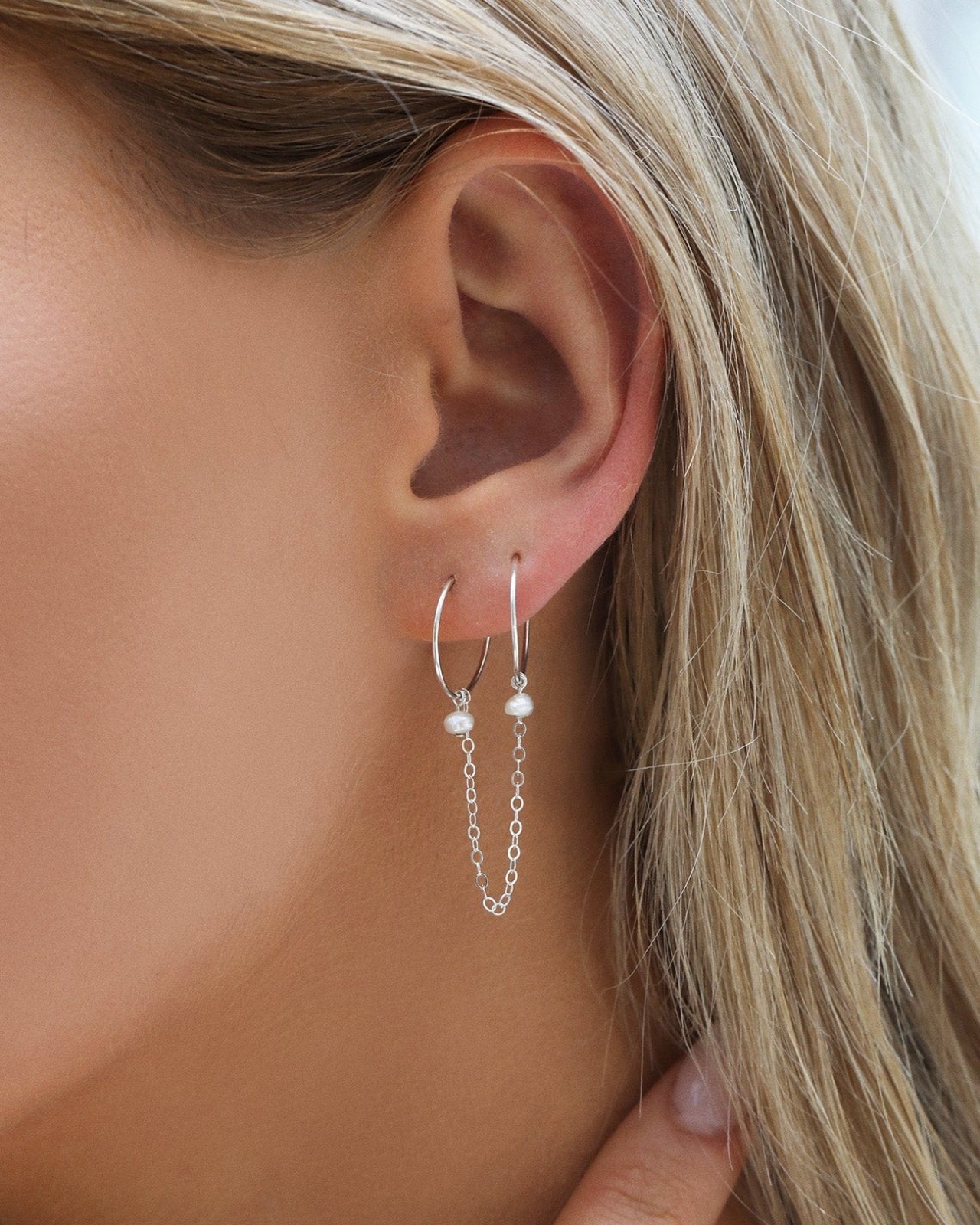 DOUBLE PIERCING FRESHWATER PEARL HOOP EARRINGS- Sterling Silver - The Littl - -