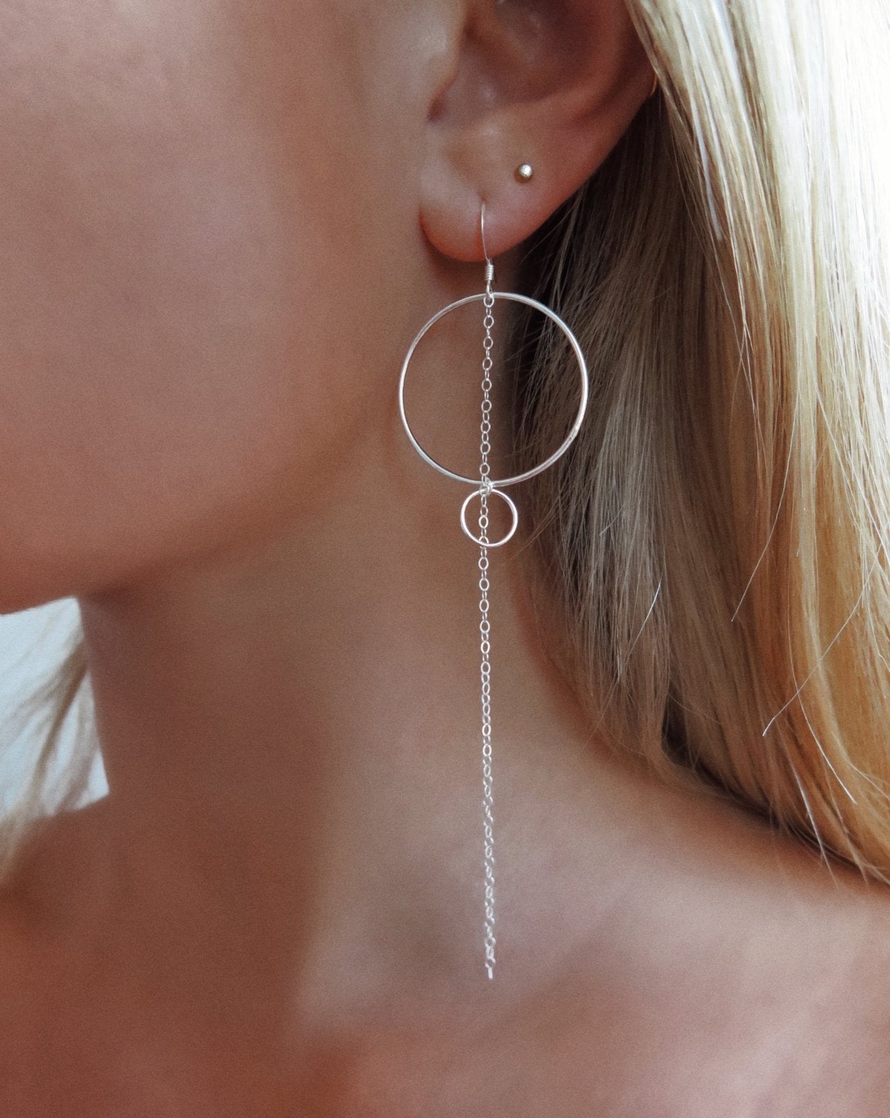 DOUBLE RING CHAIN EARRINGS- Sterling Silver - The Littl - 5cm -