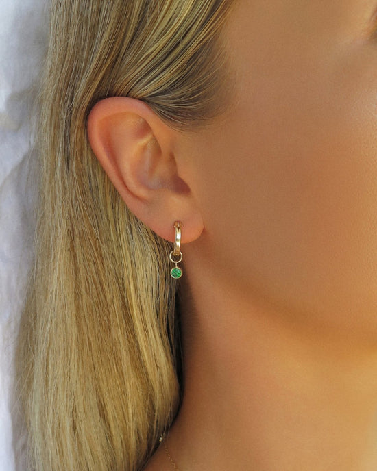 EMERALD CZ THICK HOOP EARRINGS- 14k Yellow Gold - The Littl - 12mm -