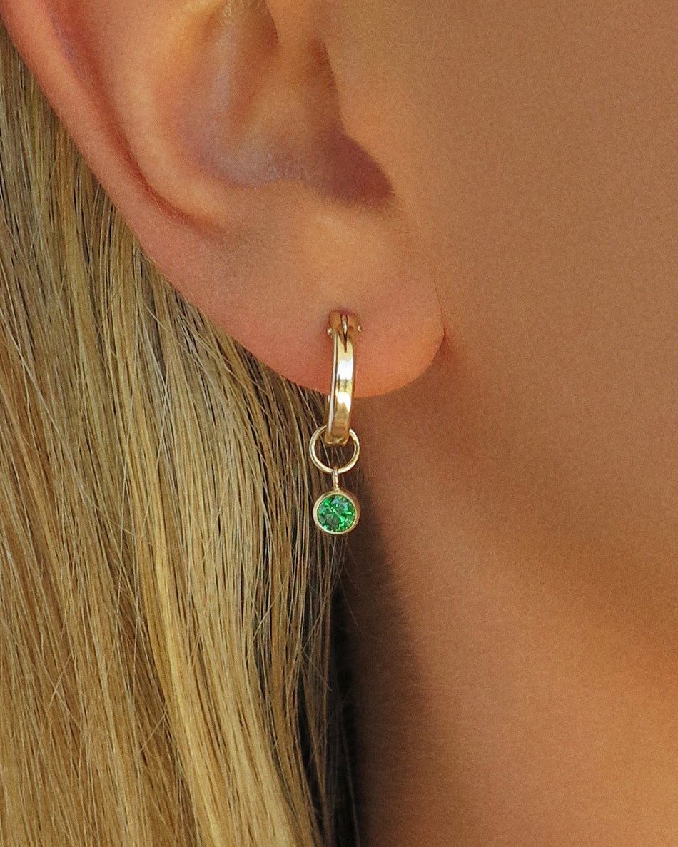 EMERALD CZ THICK HOOP EARRINGS- 14k Yellow Gold - The Littl - 12mm -