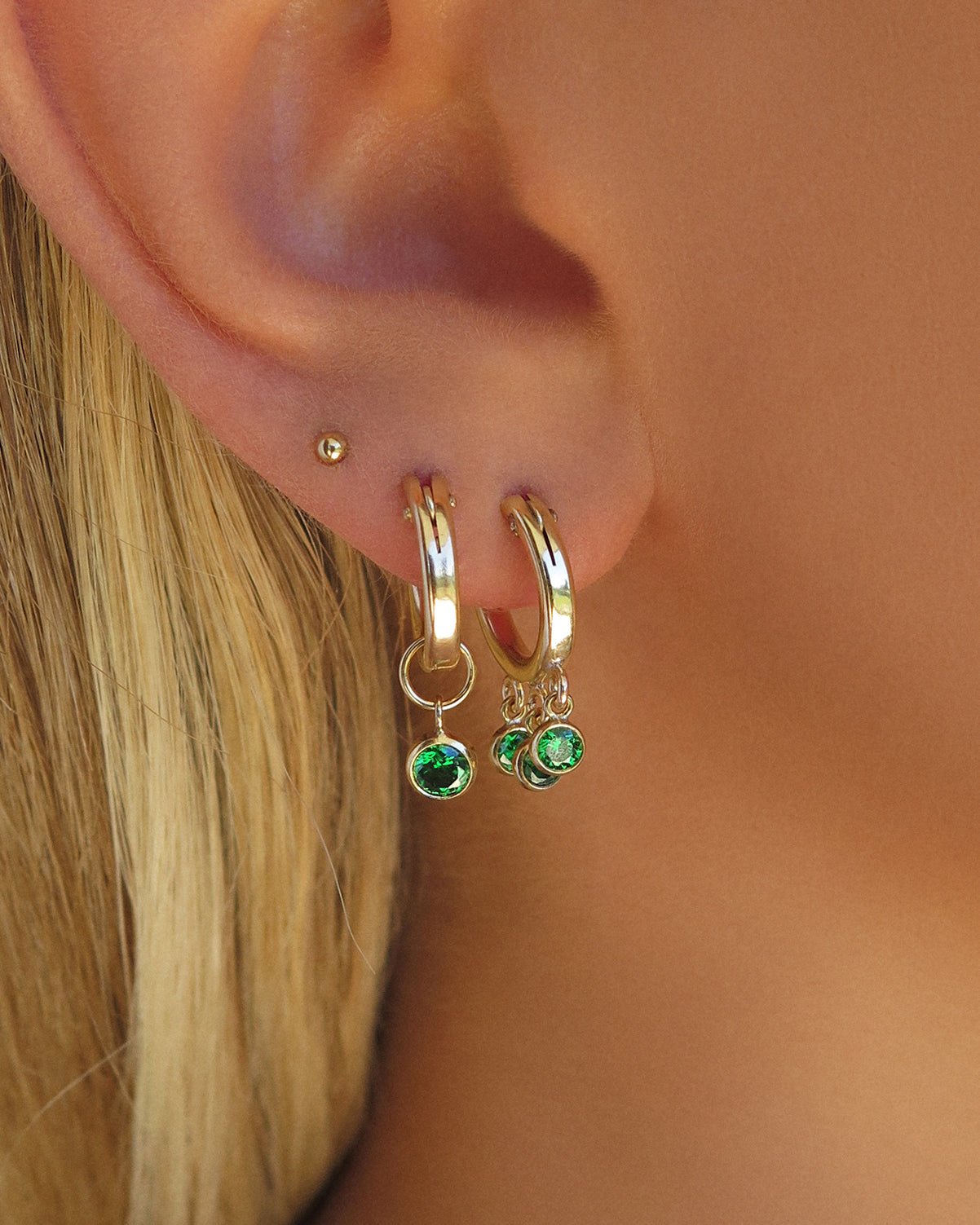 EMERALD CZ THICK HOOP EARRINGS- 14k Yellow Gold - The Littl - 12mm -