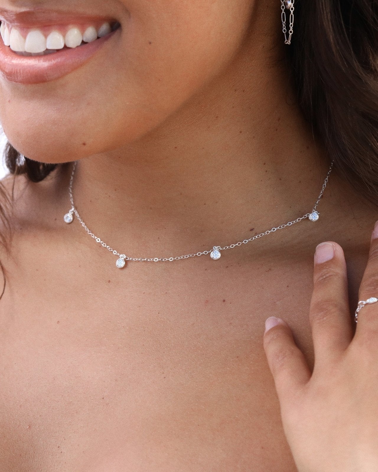 FIVE CZ NECKLACE- Sterling Silver - The Littl - Deluxe Chain - 37cm (choker)