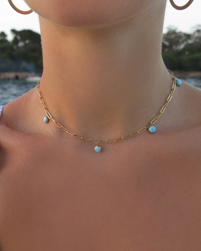 FIVE TURQUOISE THICK DRAWN CABLE CHAIN NECKLACE- 14k Yellow Gold - The Littl - 14k Yellow Gold Fill - 37cm (choker)