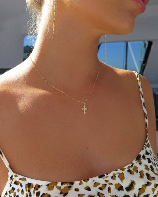 Load image into Gallery viewer, FLARED CROSS NECKLACE - The Littl - Deluxe Chain - 14k Yellow Gold Fill
