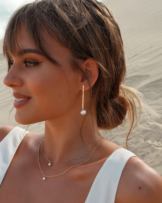 FRESHWATER PEARL BAR EARRINGS- 14k Yellow Gold - The Littl - 37mm -