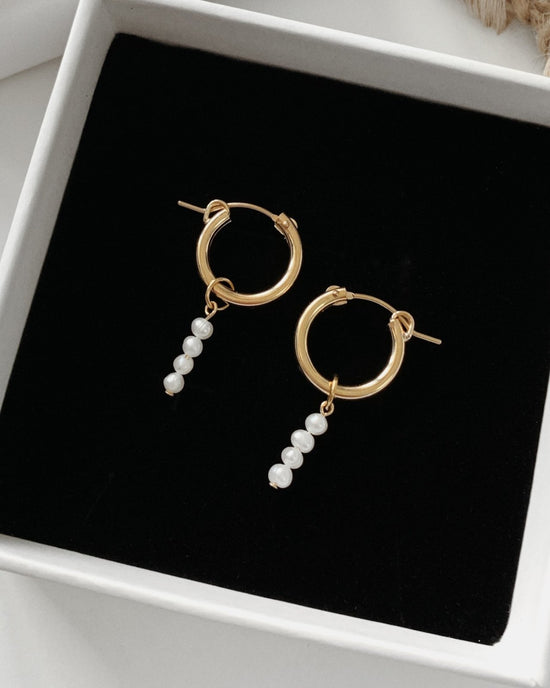 Load image into Gallery viewer, FRESHWATER PEARL BAR HOOP EARRINGS - The Littl - 14k Yellow Gold Fill - 12mm
