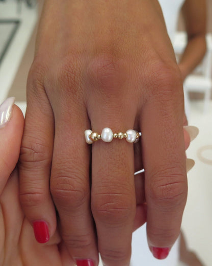 Freshwater Pearl Beaded Mix Ring - 14k Gold-Filled - On Model - Waterproof | The Littl